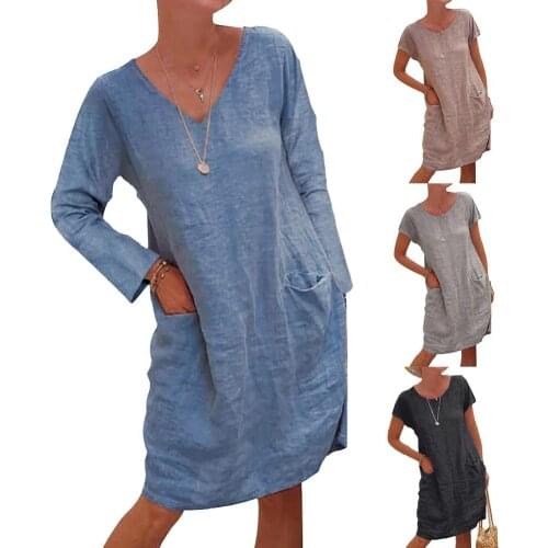 5XL Women Dress Plus Size Dresses Womens Loose Summer Casual Solid Color Short Sleeve O Neck Pockets Loose Cotton Linen Dress