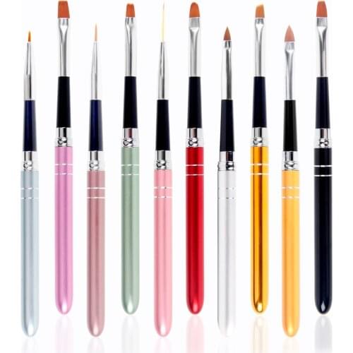 ANGNYA 10pcs Nail Art Brush Set 10 Colors Different Sizes Copper Handle Design Polish Nylon UV Gel Painting Drawing Nail Brushes