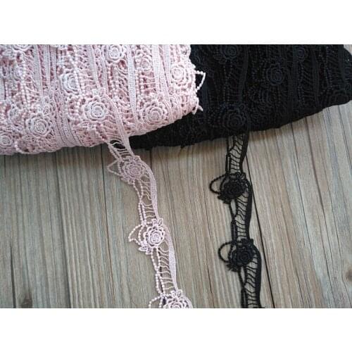 20Yds Black Pink Flower Handmade Embroidered Lace Edge Trim Ribbon Patch Water Soluble Applique Dress DIY Clothes 35mm Wide