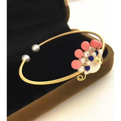 Free shipping China opera design vintage pure handmade open end stretch women bracelet handmade with natural genuine pearl girl