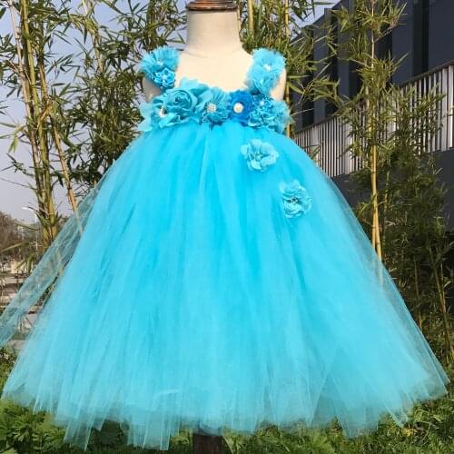 Turquoise Blue Flower Girls Tutu Dresses Flower Straps Blue Toddler Baby Girls Wedding Party Clothes Knee Length Kids Clothes