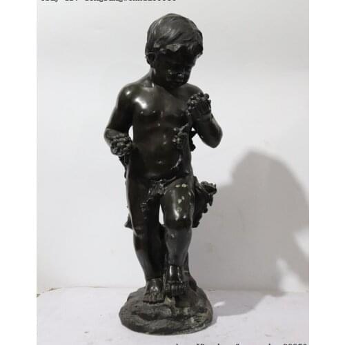 Western Bronze Art Deco Sculpture Lovely Naked Boy Kid Child Take Grape Statue