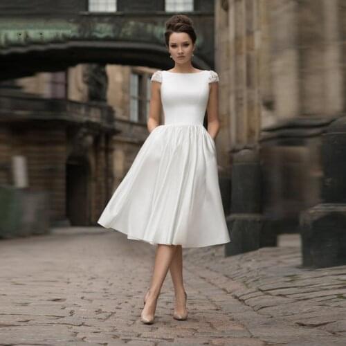 Tea-Length Short Wedding Dresses 2021 Cap Sleeve Boat Neck Appliques Beads Sequins A-Line Bridal Gown Sexy Open Back Zipper