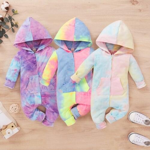 Newborn Baby Boys Girls Clothes Rainbow Tie-Dyed Print Hoodie Romper Long Sleeve Zipper Jumpsuit 6 9 12 18 Months roupas de bebê