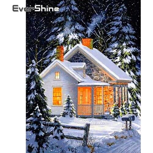 EverShine Diamond Embroidery Landscape Picture Of Rhinestones Diamond Painting 5D Winter House Mosaic Art Set Home Decor
