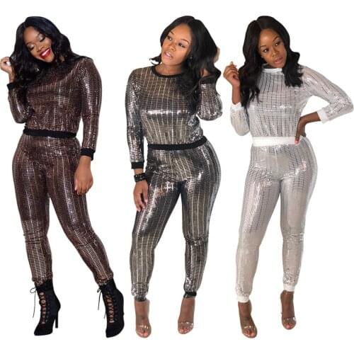 2 Piece sequin tops trousers pants set fashion womens winter sequins jumpsuit Women long sleeve sexy playsuit Bodysuit