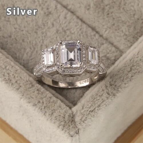 Hot selling in Europe and the fashion 925 sterling silver ring luxurious ms white zircon three square crystal jewelry gifts