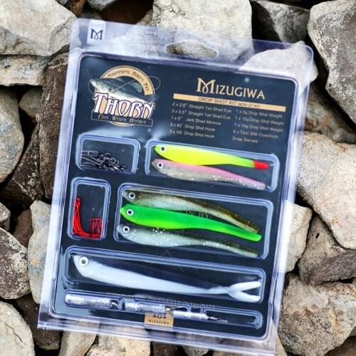 MIZUGIWA Drop Shot 21 Kit Inc Soft Shad Minnow Bait Hook Drop Shot Weight Snap Swivels For Bass Perch Walley Trout