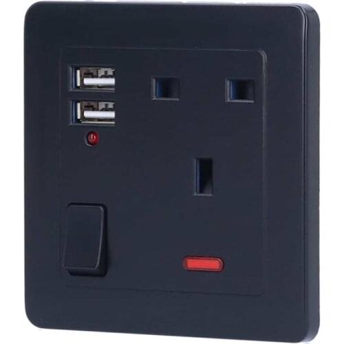 Wall Socket Multi-Functional Wall Power Outlet Socket with 2 USB Port 13A for Home Office UK Plug 250V Black