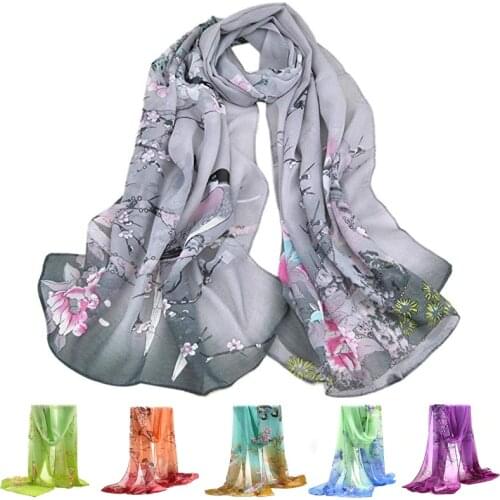 New Fashion Magpie Bird Pattern Chiffon Scarves Women Summer Silk Scarf Chiffon Thin Shawls Ladies Elegant Floral Chiffon Scarf