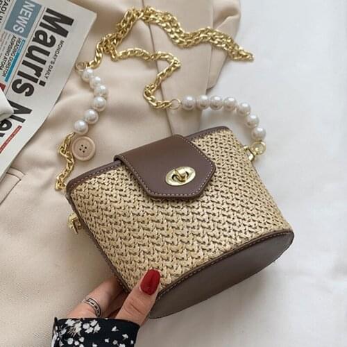 Woven Straw Faux Leather Bucket Bag Pearl Metal Chain Crossbody Handbag Purse