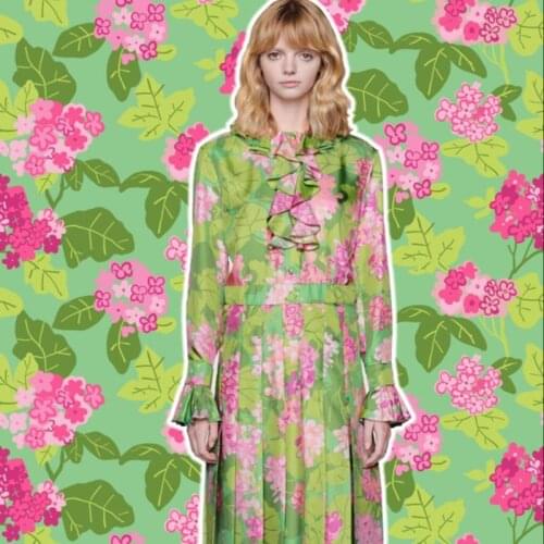 Polyester stretch satin fabric European brand G series green bottom floral pattern digital printing skirt shirt sewing fabric