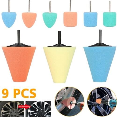 Durable 9pcs Burnishing Sponge Cone Ball Buffing Pad Car Wheel Hub Cleaning Cone for Electric Drill Burnishing Ball Polishing