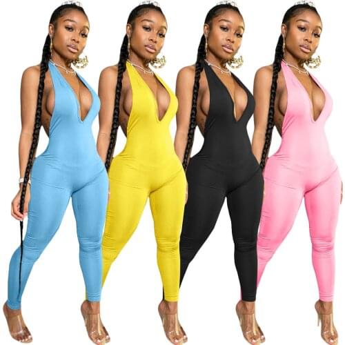 Sexy Sleeveless V-neck Bodycon Jumpsuit Elegant Streetwear Solid Outfits Casual work out playsuit Sports Fitness Active Wear