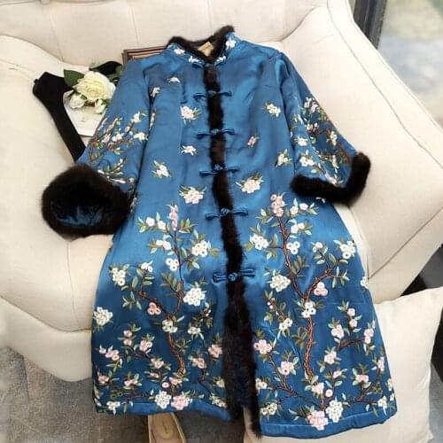 Autumn And Winter New Retro Down Cotton Embroidered Chinese Style Single-Breasted Womens Mid-Length Coat Plus Size M-3XL