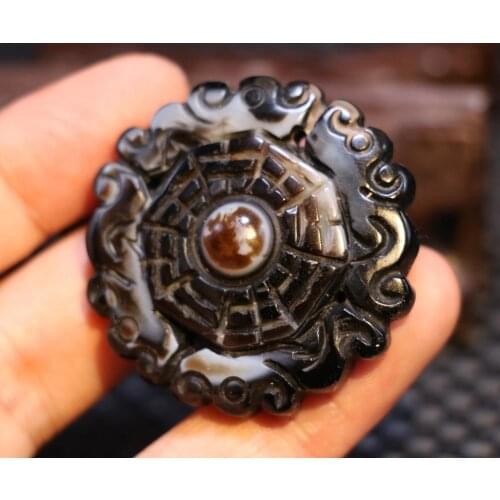 Big Treasure Talisman Energy!!! Mysterious Tibetan Onyx Dragon Bagua Heaven eye Pendant 2 Side Carving Timestown