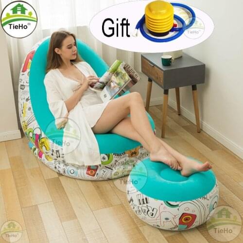 Flocking Inflatable sofa foldable lazy lounge chair lunch break sofa bed chair with stool ottoman single sofa home furniture