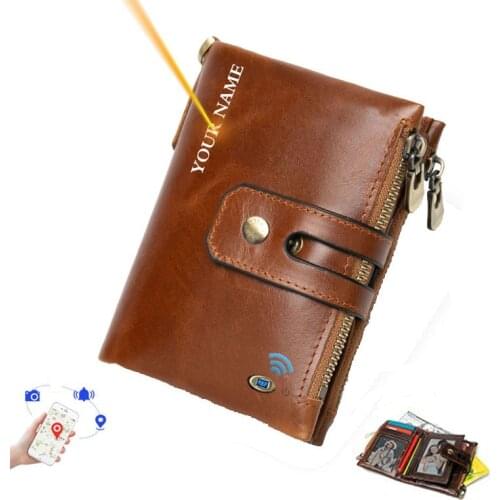 Smart wallet GPS Record Bluetooth Genuine Leather Men Wallets coin pocket chain zipper wallet card holder Free Engraving
