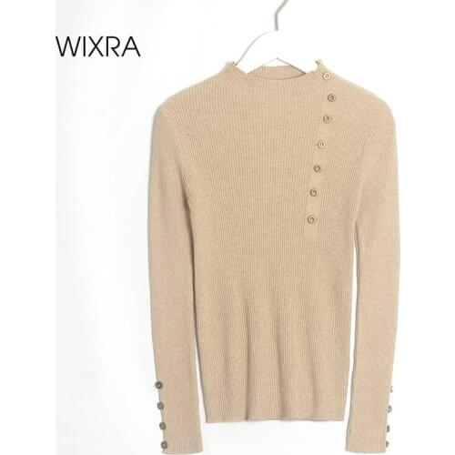 Wixra Womens High Stretch Sweaters New Fashion Solid Ladies Pullovers Female Knitted Button Full Sleeve Pulls Jumpers Autumn