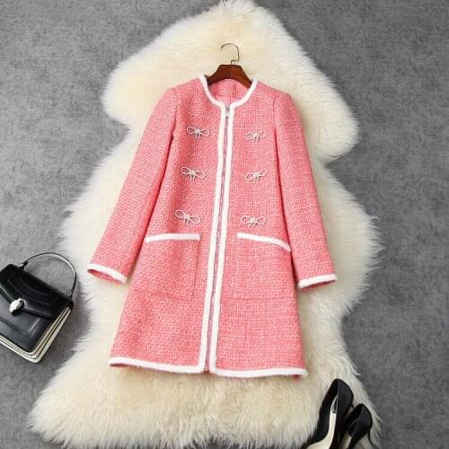 European and American Womens Wear 2020 Winter New Style Long Sleeve Bow Nail Bead Fashionable Pink Tweed Coat