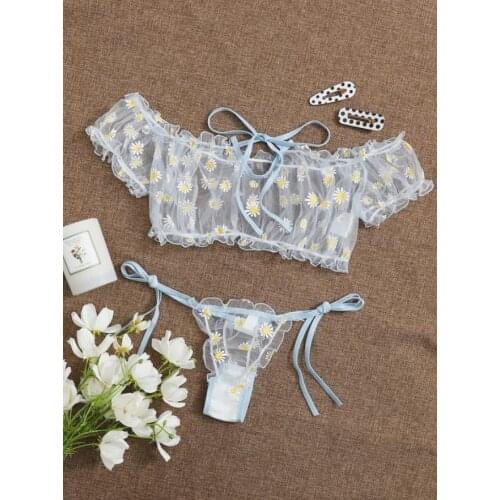 Women Sexy Lace Daisy Bra Set Transparent Erotic Top Thong Push Up Bikini Sets Underwear Suit Exotic Apparel Femenina