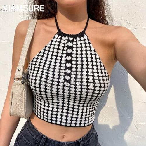 IAMSURE Polka Dot Printed Knitted Halter Vest Sexy Slim Sleeveless Backless Crop Top Women 2021 Fashion Casual Streetwear Tanks