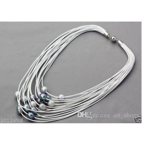 11-12mm Grey & Black Freshwater Pearl Multi-Strand Leather Women Necklace