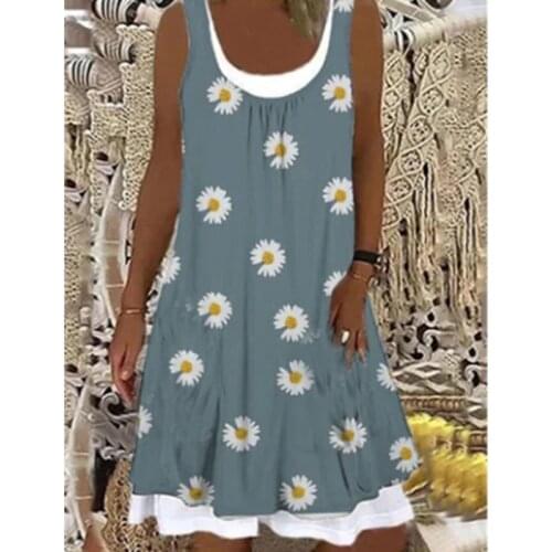 2021 New Knee Length Dress Women Fashion Dresses Loose Casual Sleeveless Floral Print Round Neck Splice Summer Dress Plus Size