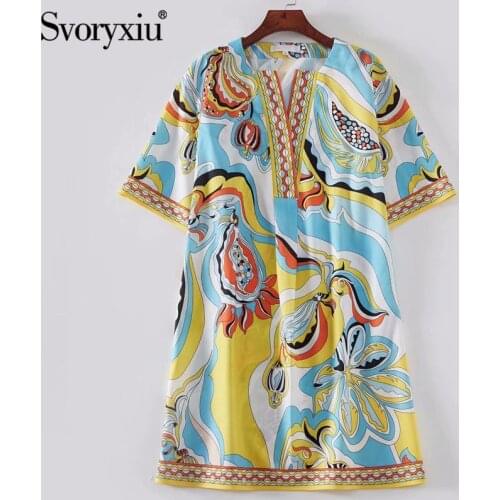 Svoryxiu Runway Custom Summer Plus Size Loose Dress Womens Fashion V-Neck Half Sleeve Colorful Print Casual Dresses Vestdios