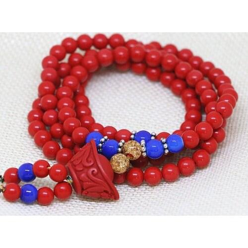 Bohemia multilayer synthetic red cinnabar beads blessing pendant with blue hot sale elegant bracelet B806