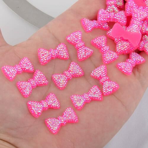 BOLIAO 20Pcs 12*20 mm (0.47*0.79 In) Hot Pink Bow Shape Resin AB Crystal Scrapbook Clothes Home Holiday Decoration No Hole
