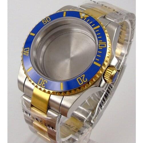 Gold Coated Watch Case for NH35 NH36 NH36A Blue Insert Rotating Bezel Oyster Bracelet Sapphire Glass without Cyclops