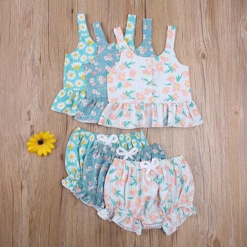 0-4Y Girl Clothing Set Summer Fashion Kid Girl Clothes Outfit Floral Printed Sleeveless Vest Top Shorts 2pcs Children Set