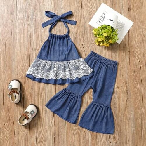 Toddler Baby Girls Clothes Sets Summer Halter Sleeveless Lace Tank Tops Long Flared Pant Denim Suits