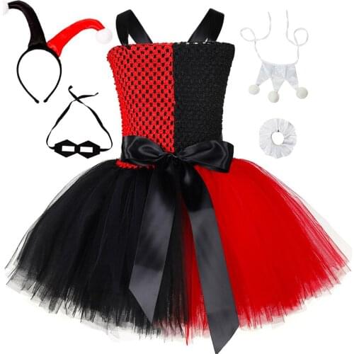 Black Red Joker Tutu Dress Halloween Cosplay For Girls Costumes Kids Carnival Dresses Outfit Children Birthday New Year Clothes
