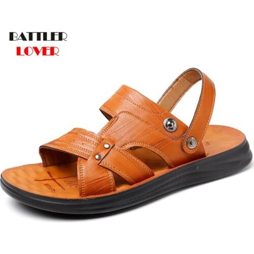 Summer Men Sandals High Quality Genuine Leather Shoes Male Comfortable Slip-on Slippers Beach Brown Man Sandal Zapatillas Hombre