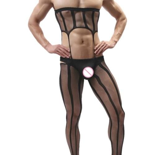 Mens Jumpsuit Sexy Mens Sleepwear Plus Size Man Body Stockings Striped Catsuit Lingerie for Male Underwear Open Crotch Bodysuit