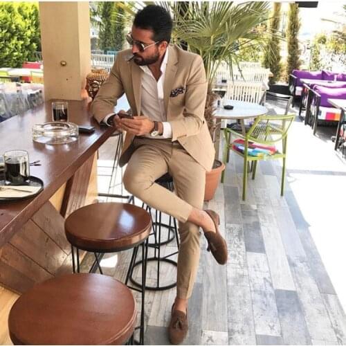 2020 Khaki Suit Mens Wedding Suits Custom Made Slim Fit Business Suit Men Prom Party Groom Tuxedo 2 Piece Set (Jacket+Pants)