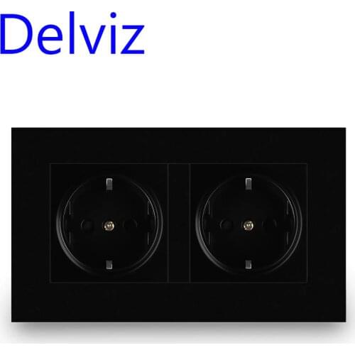 Delviz EU Standard wall socket, Black Panel household interface, AC 110V~250V 146mm*86mm, 16A Power Wall Embedded Double Outlet