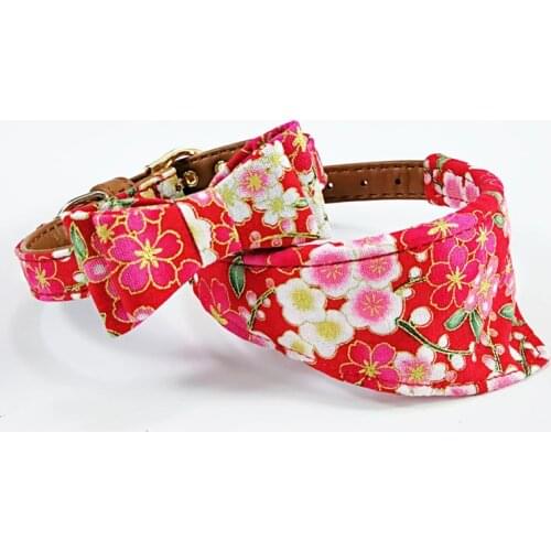 Red Flower Cherry blossoms Japanese style dog collar bow tie pet pupply product dog & cat collar towel leash set necklace S