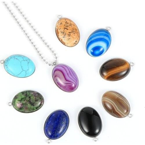Natural Gem Stone Pendant Necklace For Men Women Oval Onyx Lapis Lazuli Pink Crystal Pendants 18" Neck Chain Fashion Jewelry