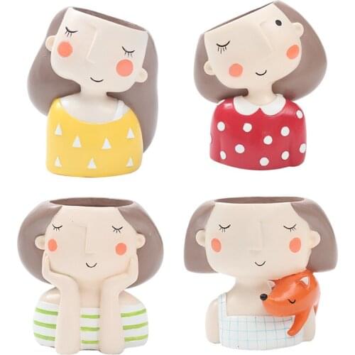 Roogo 4pcs Girl Flowerpot Home Decor Mini Succulent Flower Pot Modern Plant Pot Garden Cactus Pots Party Friends Birthday Gifts