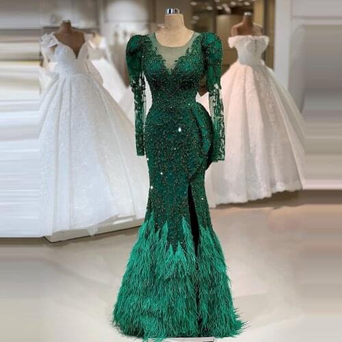 Luxury Sexy Green Prom Party Dresses Beading Illusion Full Sleeves Side Slit Mermaid With Tassels Formal Evening Gowns