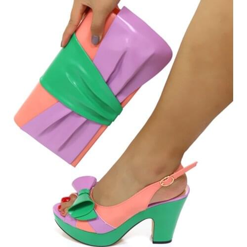 Green With Purple Peach Color High Heel Sandal Shoes And Purse Handbag Sets CR2127 Height 10cm