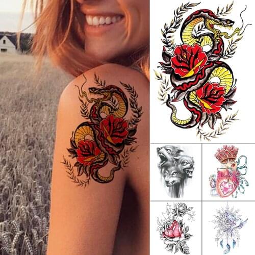 Waterproof Temporary Tattoo Sticker Old School Snake Flower Pattern Animals Water Transfer Body Art Flash Fake Tatoo