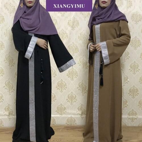 Factory direct sales f803-2 popular Abaya dubai Middle East Turkey Arab Muslim stick diamond robe with belt to show a slim style