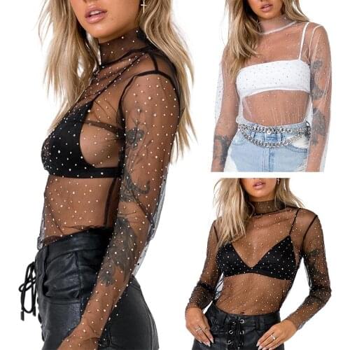 Women Sexy Long Sleeve Turtle Neck Shiny Sequins Sheer Blouse Bottoming Top