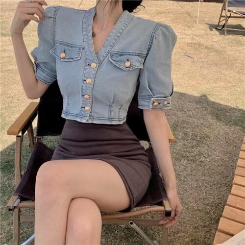 Denim shirt women short design short-sleeved shirt 2021 summer new French retro chic v neck jean tops