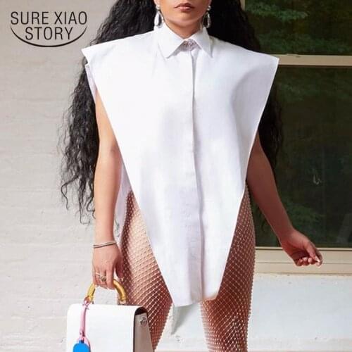 Summer New 2021 Novelty Tops Sexy Cut Out Side Button Up White Shirt Women Fashion Clothing Sleeveless Oversized Shirts 14930