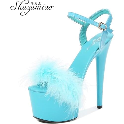 Women Shoes 2021 New Summer Fur Sandals Stripers Heels Platform 13 15 17 20 CM High Heels Sexy Ladies Sandals Wedding Shoes